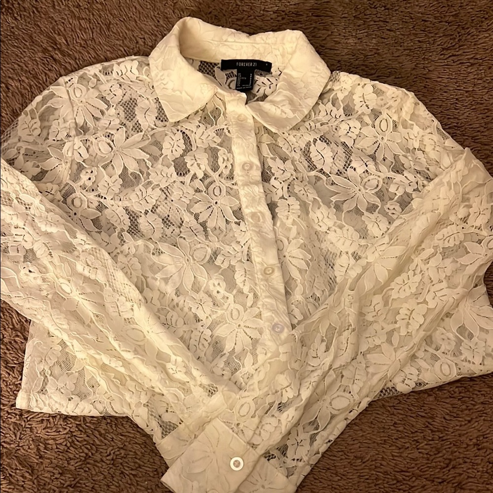 Forever 21 Cream Lace Long Sleeve Blouse